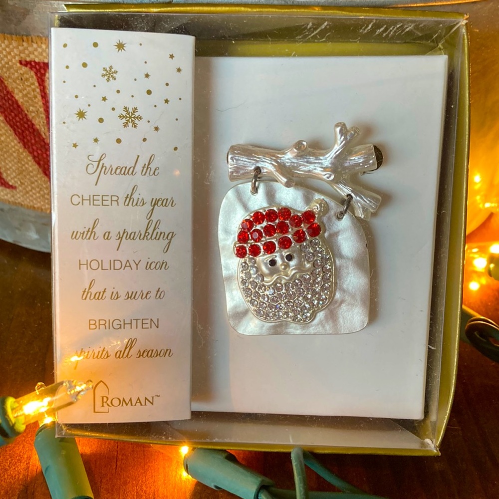 Brushed Silver Tone Santa Pin 🎅 with red and clear rhinestone accents